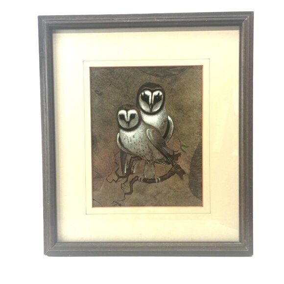 Richard Hinger Barn Owls Vintage Framed Art MCM 16.5" x 14.5" Farm House Nature - Picture 1 of 11